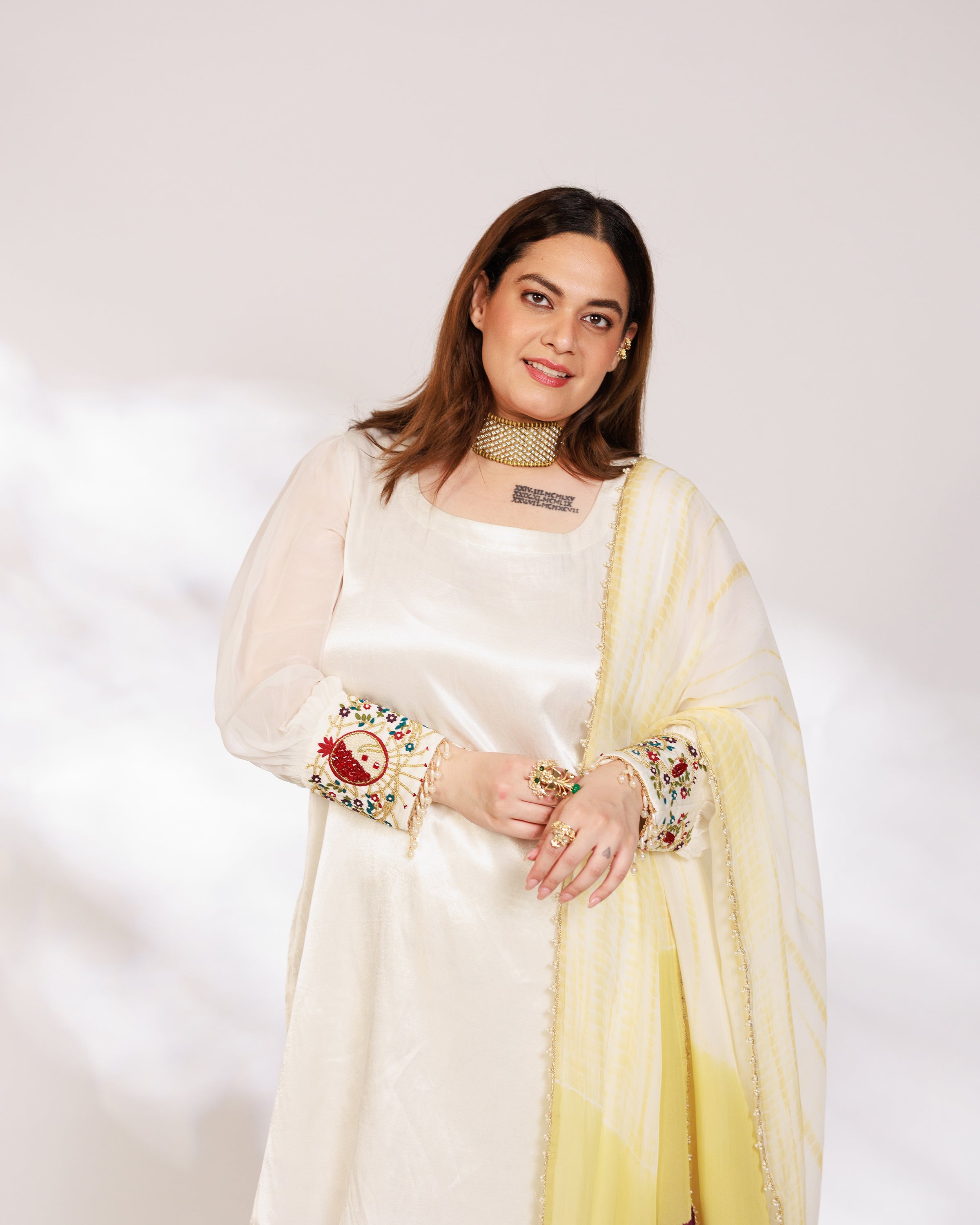 Anar Suit Set - White Pharsi Mashru Silk Suit Set with Embroidered Cuff And Dupatta