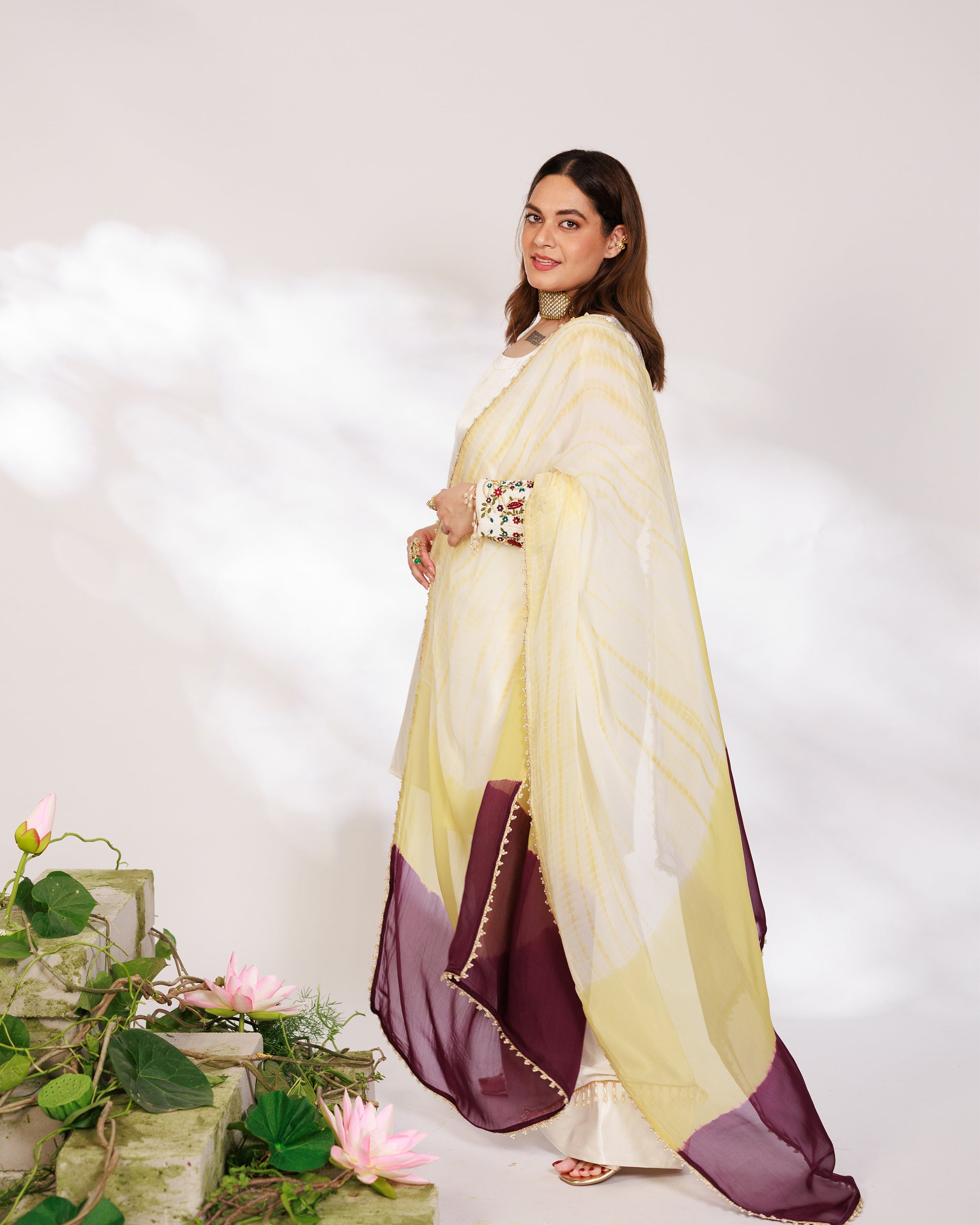 Anar Suit Set - White Pharsi Mashru Silk Suit Set with Embroidered Cuff And Dupatta