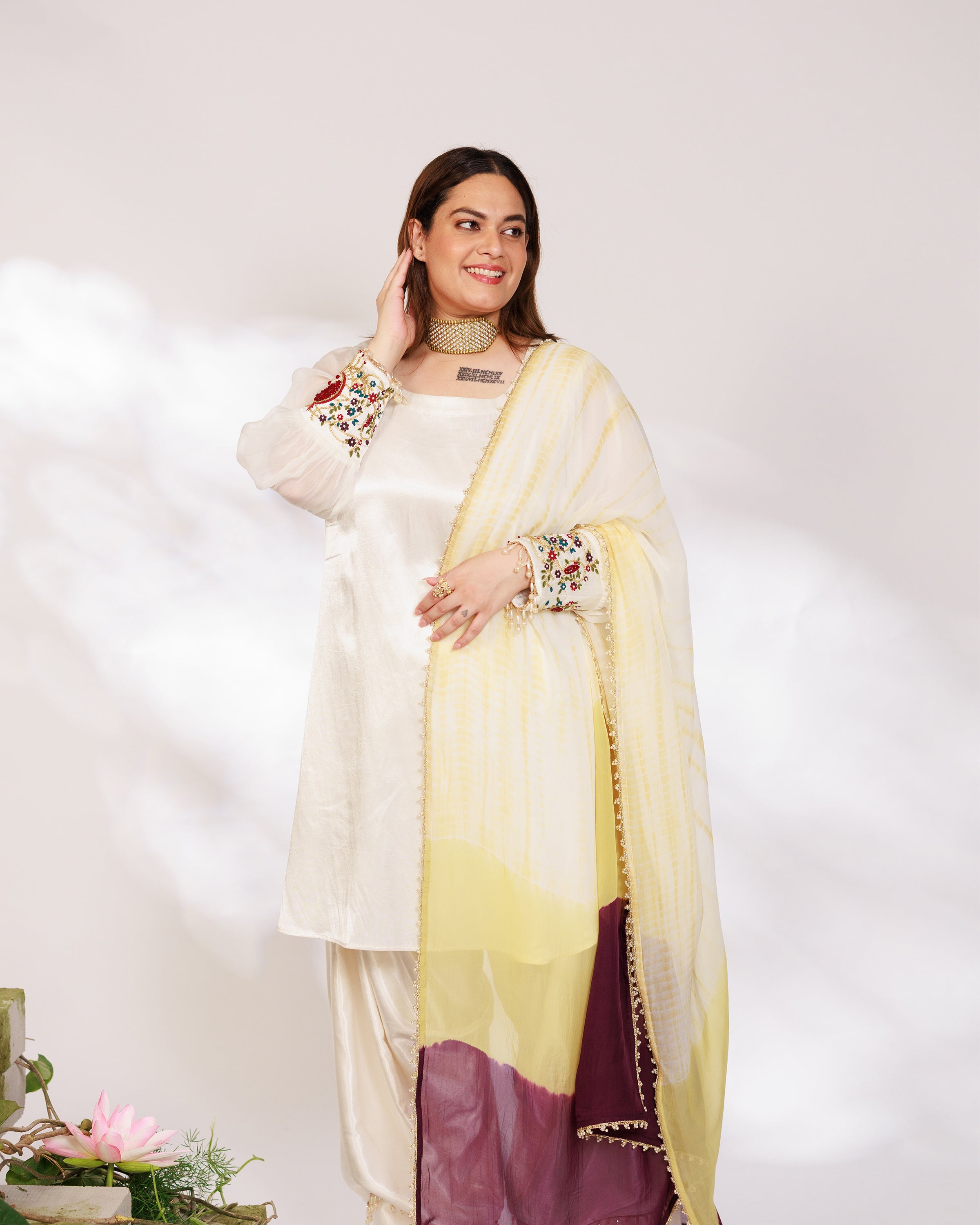 Anar Suit Set - White Pharsi Mashru Silk Suit Set with Embroidered Cuff And Dupatta