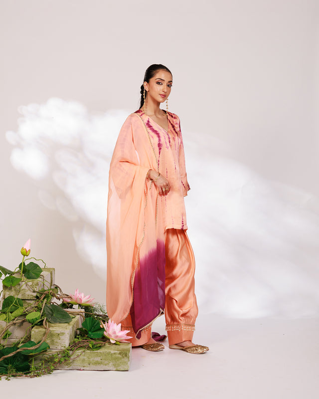 Mysha Suit Set - Salmon Plum Golden Silk Salwar Suit Set with Dupatta
