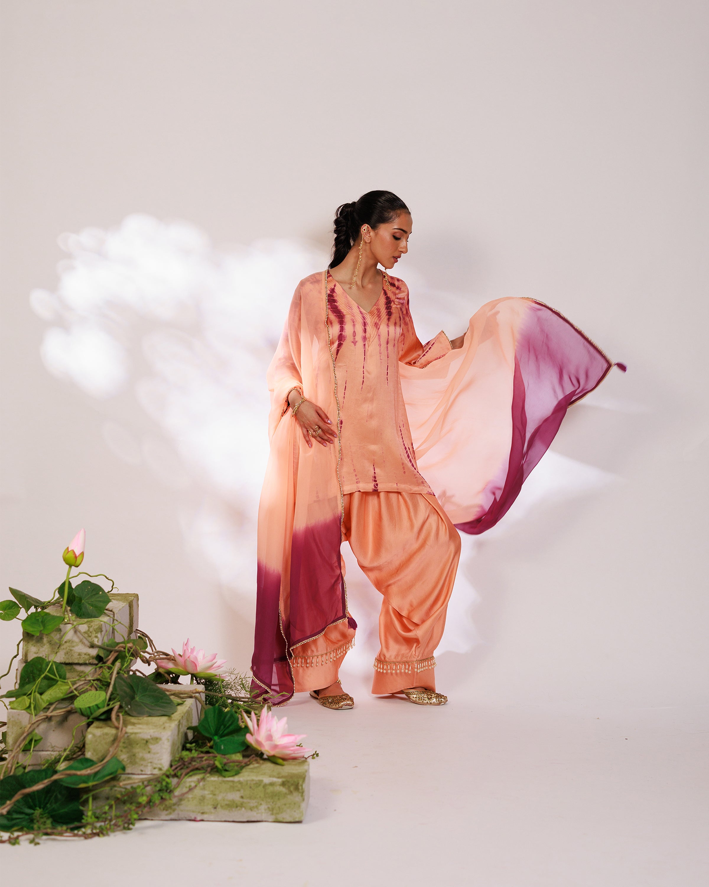 Mysha Suit Set - Salmon Plum Golden Silk Salwar Suit Set with Dupatta