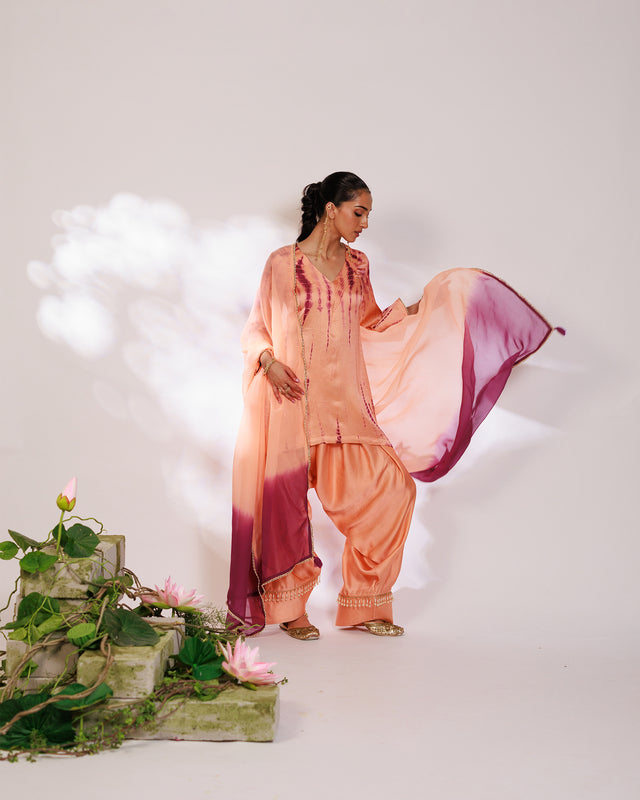 Mysha Suit Set - Salmon Plum Golden Silk Salwar Suit Set with Dupatta