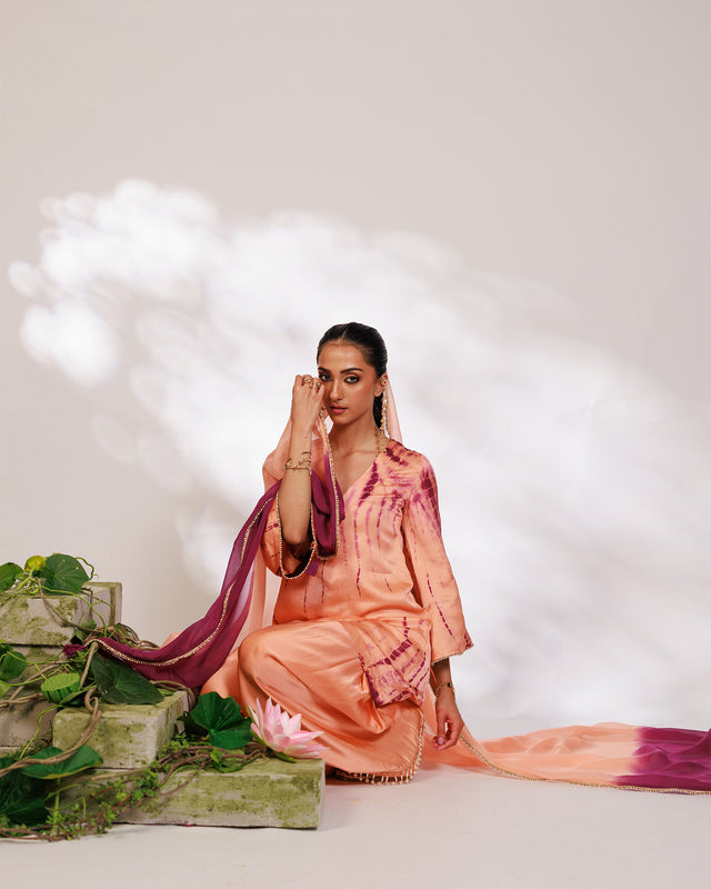 Mysha Suit Set - Salmon Plum Golden Silk Salwar Suit Set with Dupatta