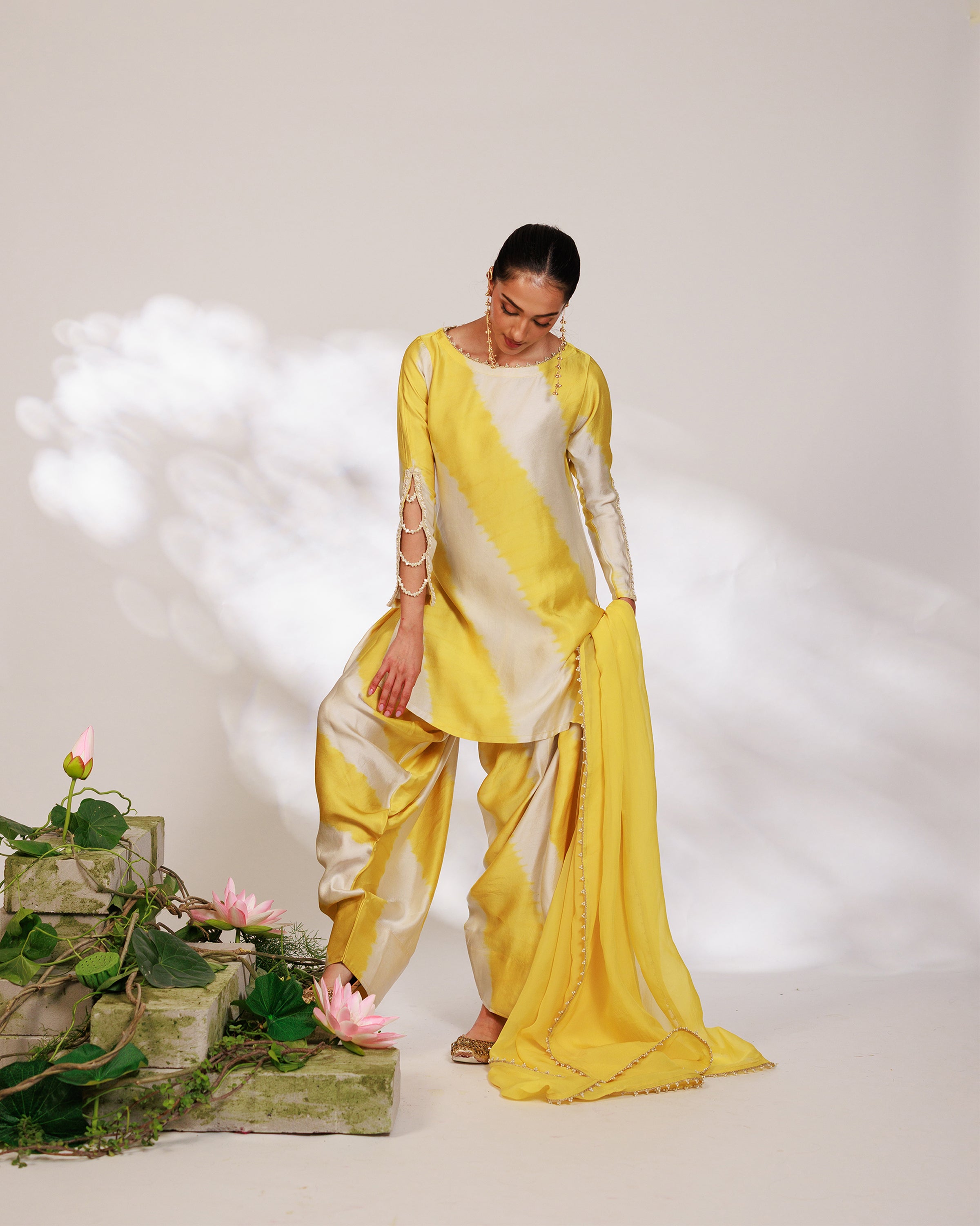 Avni Suit Set - Yellow White Golden Silk Straight Salwar Suit Set