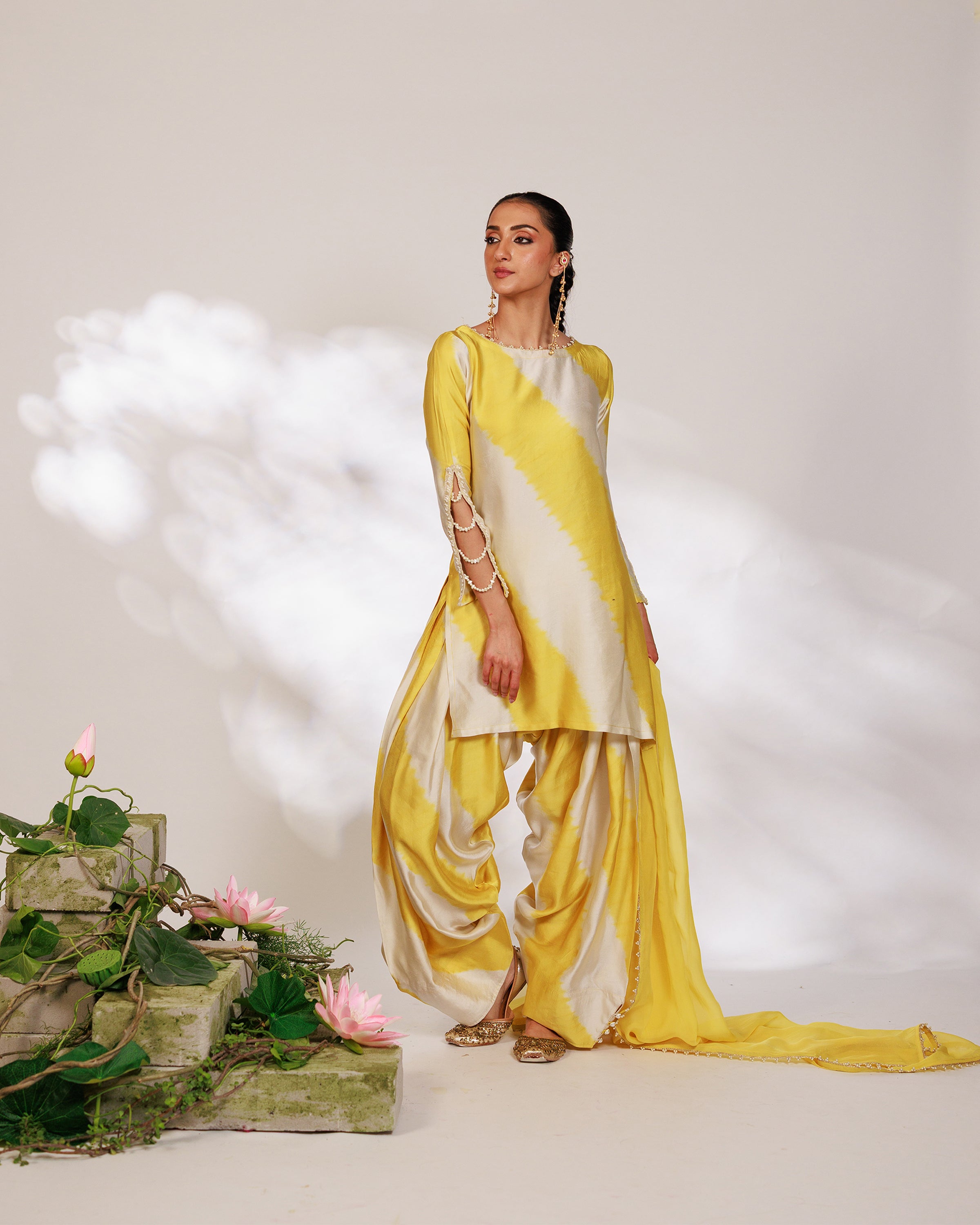 Avni Suit Set - Yellow White Golden Silk Straight Salwar Suit Set