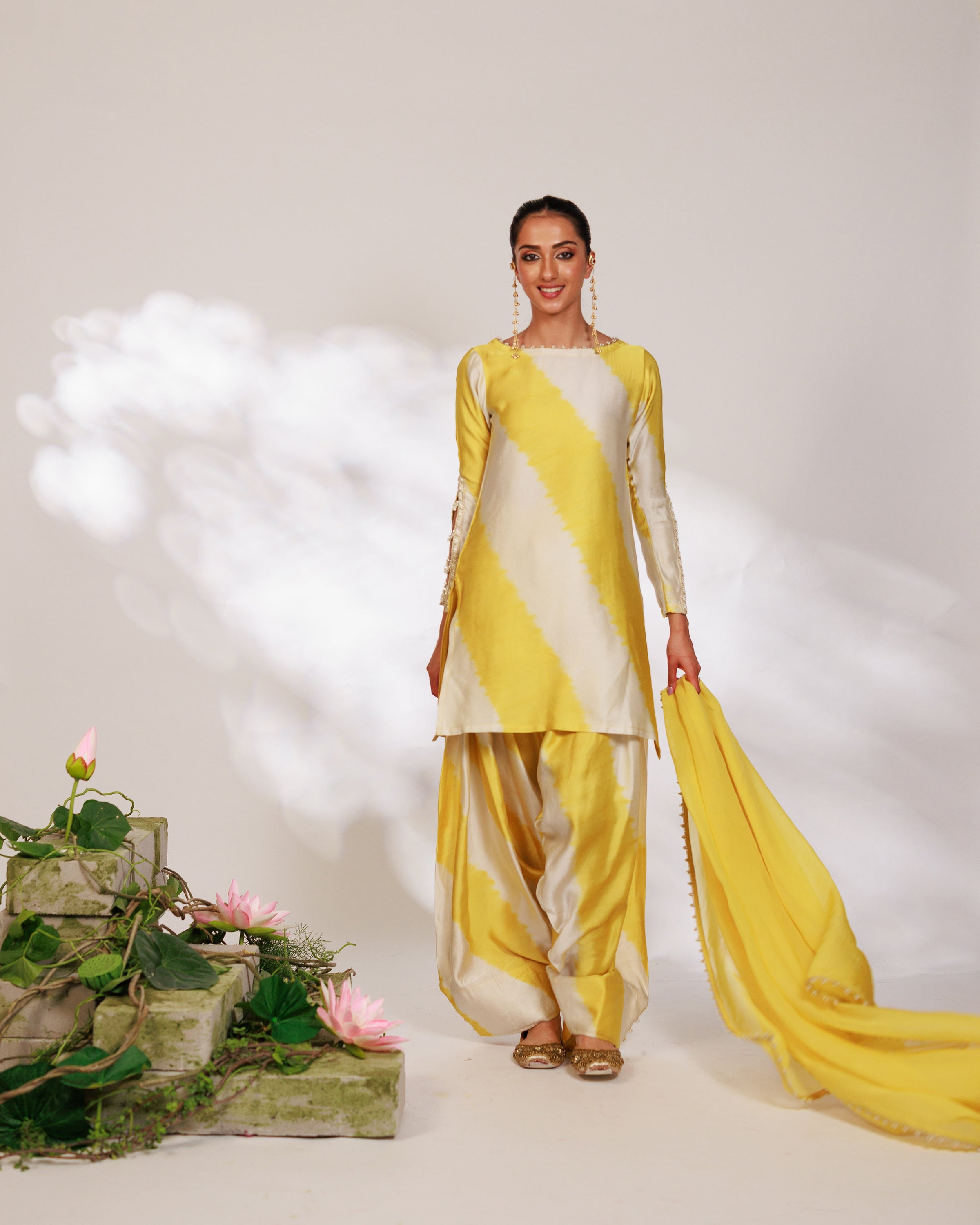 Avni Suit Set - Yellow White Golden Silk Straight Salwar Suit Set