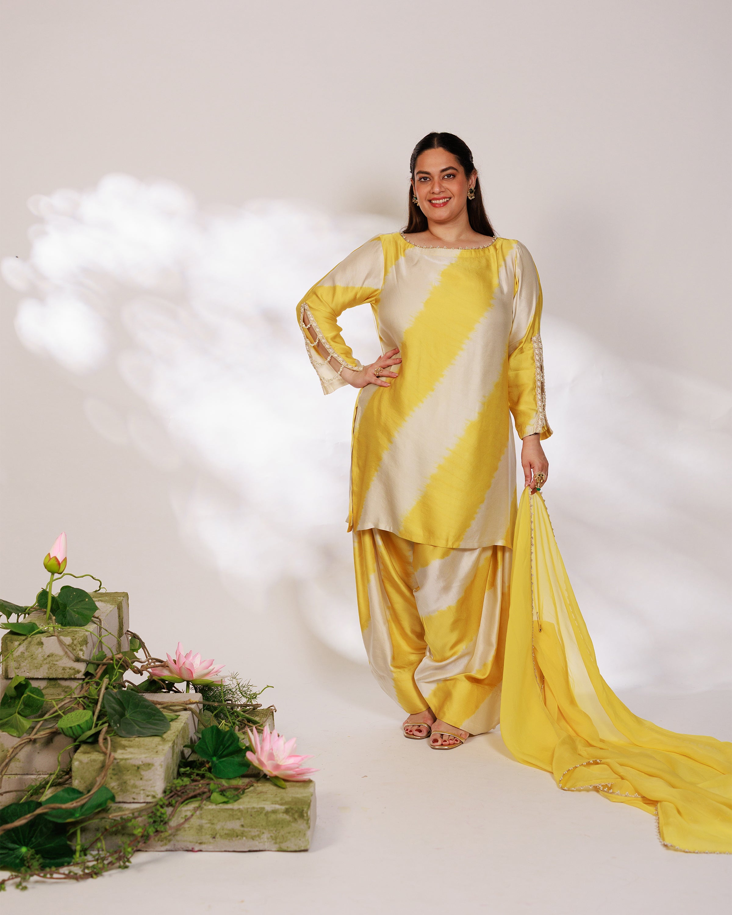 Avni Suit Set - Yellow White Golden Silk Straight Salwar Suit Set